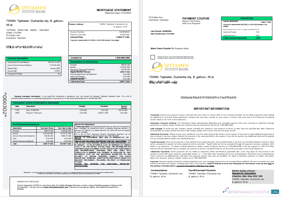 Download Tajikistan Spitamen Bank mortgage statement in Word and PDF formats 1 2 Photoshop template